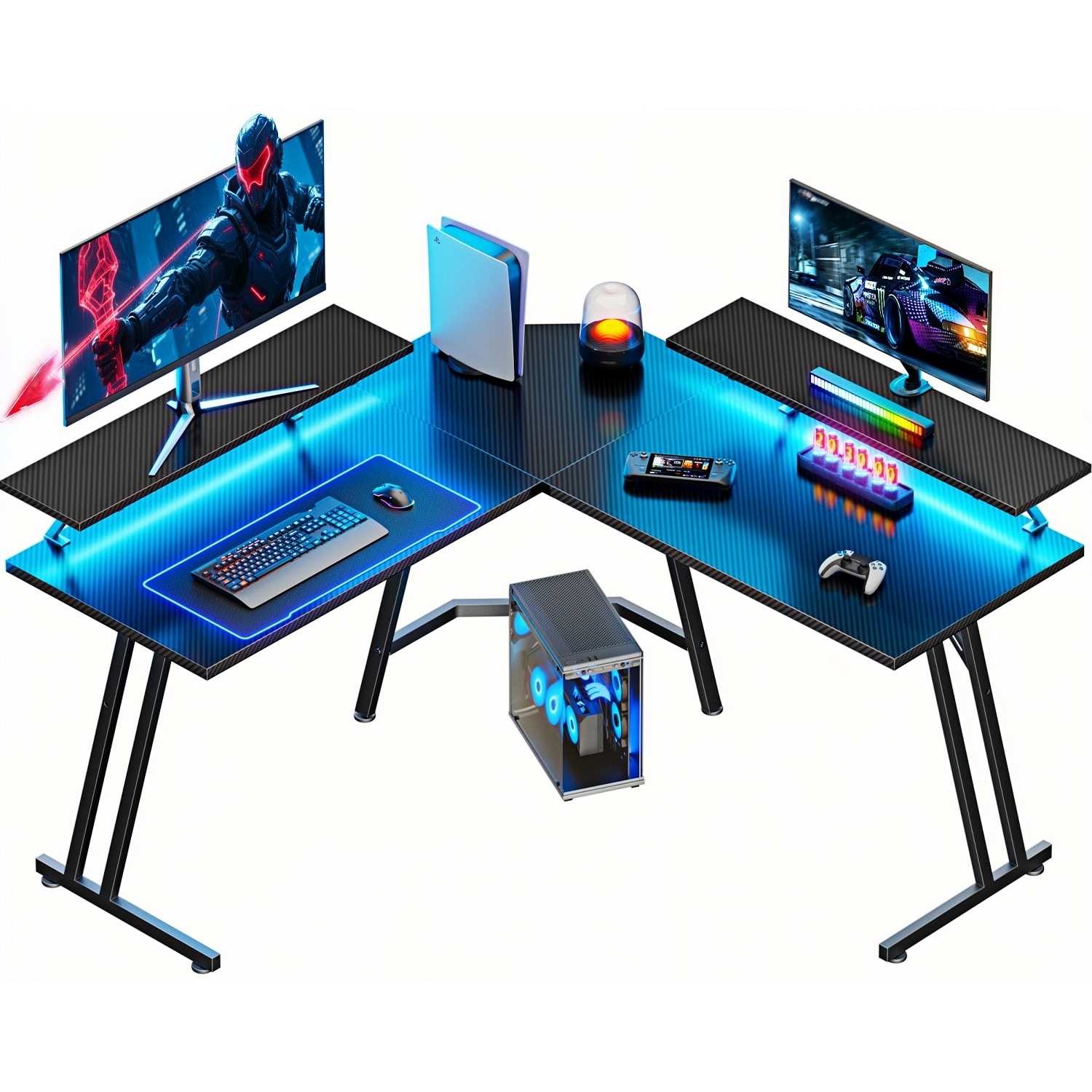 Pc Gaming Center - LEDライトとモニタースタンド付きL字型ゲーミングデスク、カーボンファイバー表面のコーナーコンピューターデスク、ホームオフィス、ゲーム、ストリーミングに最適な組み立て簡単なPCテーブル
