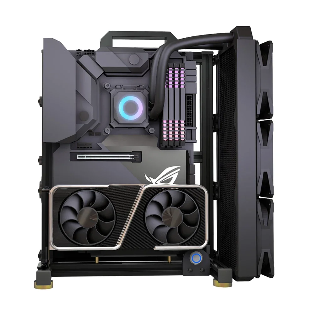 Pc Gaming Center - Modding-創造的なゲームを備えたオープンアルミニウム製のゲーマーデスクトップボックス,木製棚とマット付きの2つのウォータークーラー,組み立てが簡単